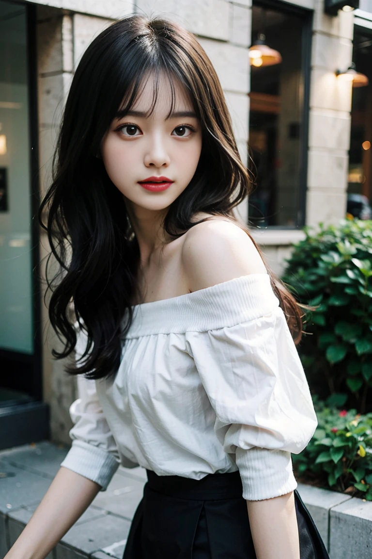 yuyao,Best quality at best,超高分辨率,(actual:1.4),1 girl,Off-shoulder white shirt,Black tight skirt,black hair gray:1),(:1.2),looking at viewert,close up,