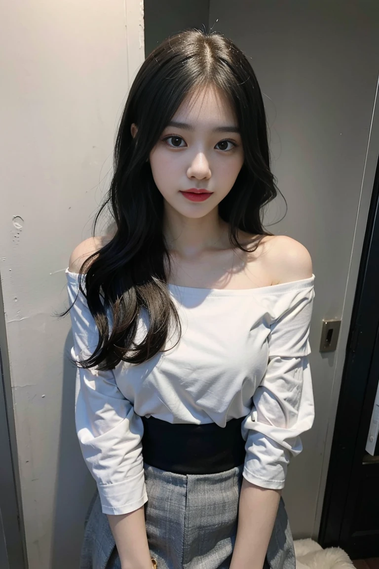 yuyao,Best quality at best,超高分辨率,(actual:1.4),1 girl,Off-shoulder white shirt,Black tight skirt,black hair gray:1),(:1.2),looking at viewert,close up,
