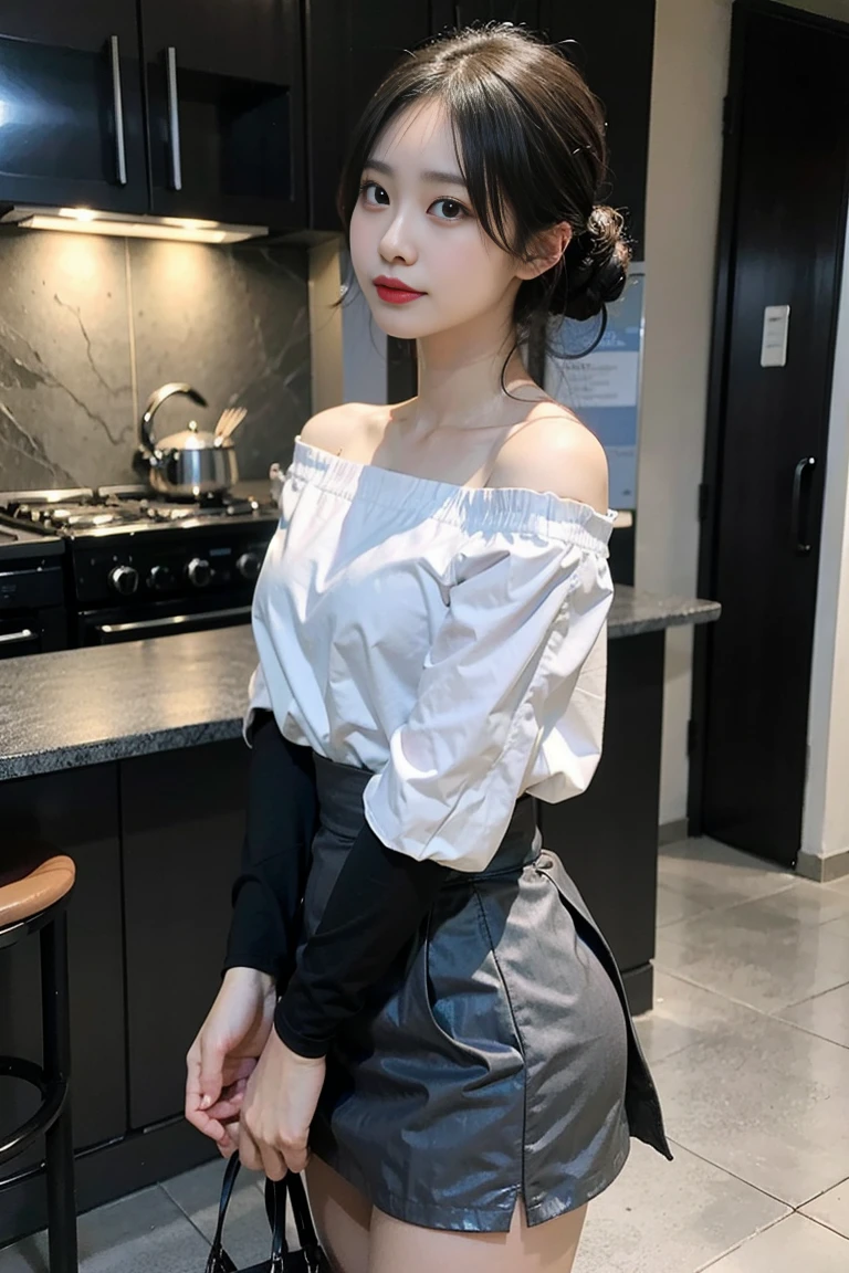 yuyao，Best quality at best，超高分辨率，（actual：1.4），1 girl，Off-shoulder white shirt，Black tight skirt，black hair gray：1），（：1.2），looking at viewert，close up，