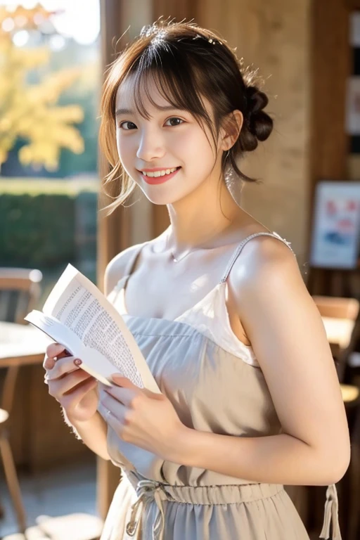 ((​masterpiece))), (((Full body photo)))， (One beautiful Japan girl, classmates, landscape and innocence，kawaii) ，超A high resolution, Realistic, ultra-detailliert, 8K,top-quality, Extremely detailed, A slender,very beautiful japanese girl, Detailed face:1.3), (Bery short hair，I tied her hair in a bun.A dark-haired :1.4), (a ，kawaii系,adorable 14 year ol girl), (Perfect body:1.1),(Perfect fingers)， (autumn fashionista), Cute and innocent look，Show your beautiful teeth,Wonderland, rosy cheeks, Sparkling eyes, kawaiiポーズ, ((Inside the coffee shop))、cute cake on the table、slow steamed coffee、soft afternoon light、Wrapped in the soft light shining through the window、Reading a book，gentle and delicate lighting, Pastel color palette, dreamy ambiance, Magical, Vivid colors, Bokeh，