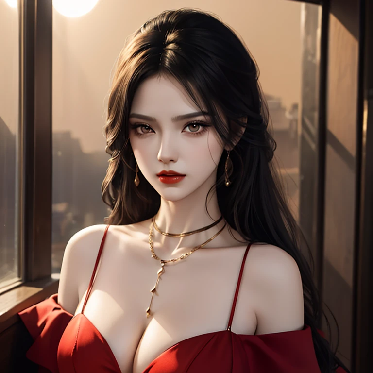 female, black hair, pale skin, black eyes, hourglass body, beautiful, red lips, realistic, 4k, 8k, stoic expression, stern expression, big breasts, red dress, young woman, narrow eyes, soft sunlight