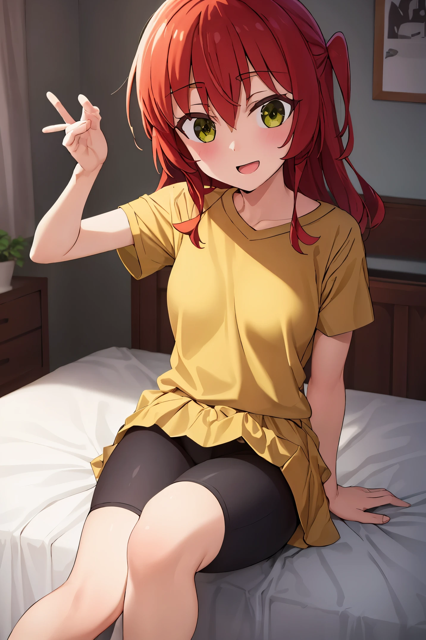 1 girl, best quality, ultra high res, long hair, red hair, green eyes, looking at viewers, small breast, standing, pov, slim body, body, small body, smile, open mouth, yellow shirt, short sleeves, bike shorts, bedroom, white bed sheets,
