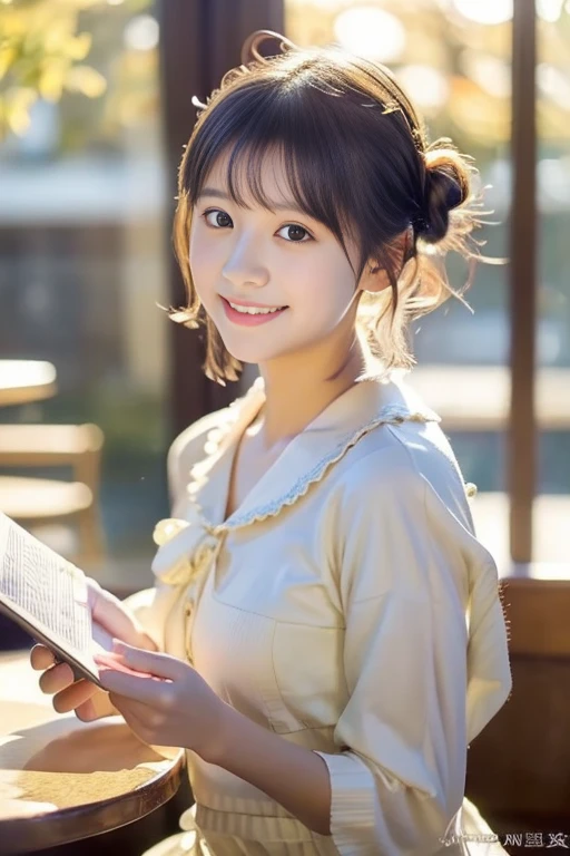 ((masterpiece))), (((Full body photo))), (One beautiful Japan girl, , landscape and innocence,kawaii) ,超A high resolution, Realistic, ultra-detailliert, 8K,top-quality, Extremely detailed, A slender,very beautiful japanese girl, Detailed face:1.3), (Bery short hair,I tied her hair in a bun.A dark-haired :1.4), (a baby face,kawaii系,Adorable 10 year old beautiful girl), (Perfect body:1.1),(Perfect fingers), (autumn fashionista), Cute and innocent look,Please show me your beautiful teeth,Wonderland, rosy cheeks, Sparkling eyes, kawaiiポーズ, ((Inside the coffee shop))、cute cake on the table、slow steamed coffee、soft afternoon light、Wrapped in the soft light shining through the window、Reading a book,gentle and delicate lighting, Pastel color palette, dreamy ambiance, Magical, Vivid colors, Bokeh,