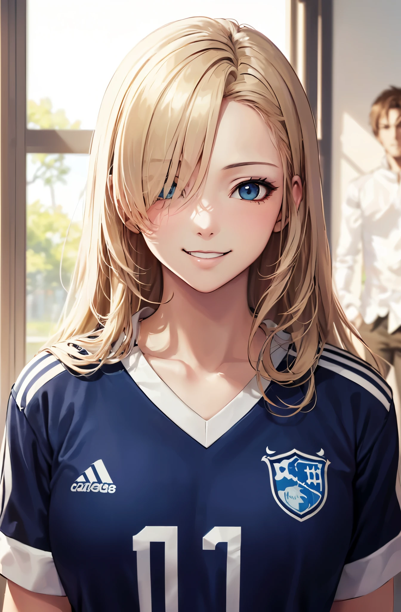 (masutepiece:1.5)、(top-quality:1.5)、(16k wallpaper:1.2)、(Photorealsitic:1.2)、(ultra-detailliert:1.2)、(超A high resolution:1.2)、(Highly detailed and realistic skin:1.2)、(Very detailed and clean sharp eyes:1.2)、(bright blue soccer uniform:1.5)、(Cool Men:1.5)、(Couple caressing man and woman:1.5)、(In the school soccer club room)、beautiful sunlight from the window、(Slender woman with body shape:1.3)、(Beautiful 18 year old woman:1.2)、Beautiful eyeliner、eyeshadows、Natural Color Lip、(long blonde wavy hair covering one eye:1.2)、the chest is medium、provocative smiling、(Pink sports panties:1.2)