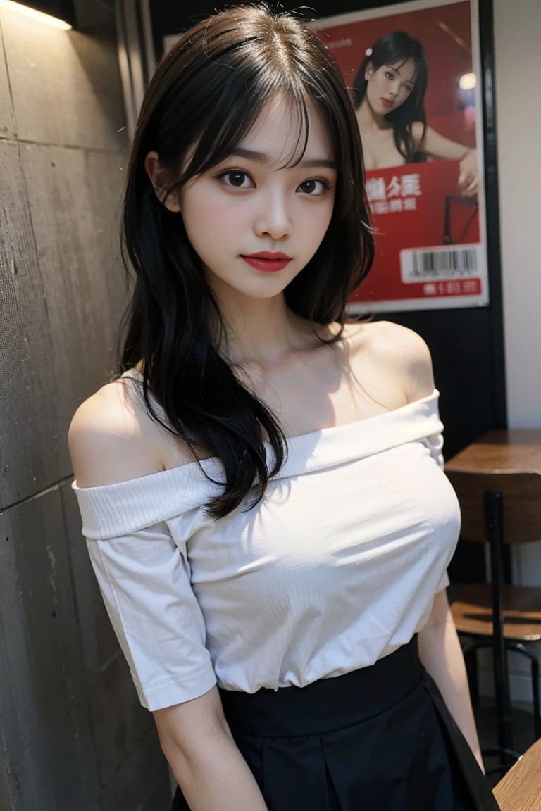 yuyao,Best quality,超高分辨率,(actual:1.4),1 girl,Off-shoulder white shirt,Black tight skirt,black hair gray:1),sexy,(big breast:1.2),looking at viewert,close up,