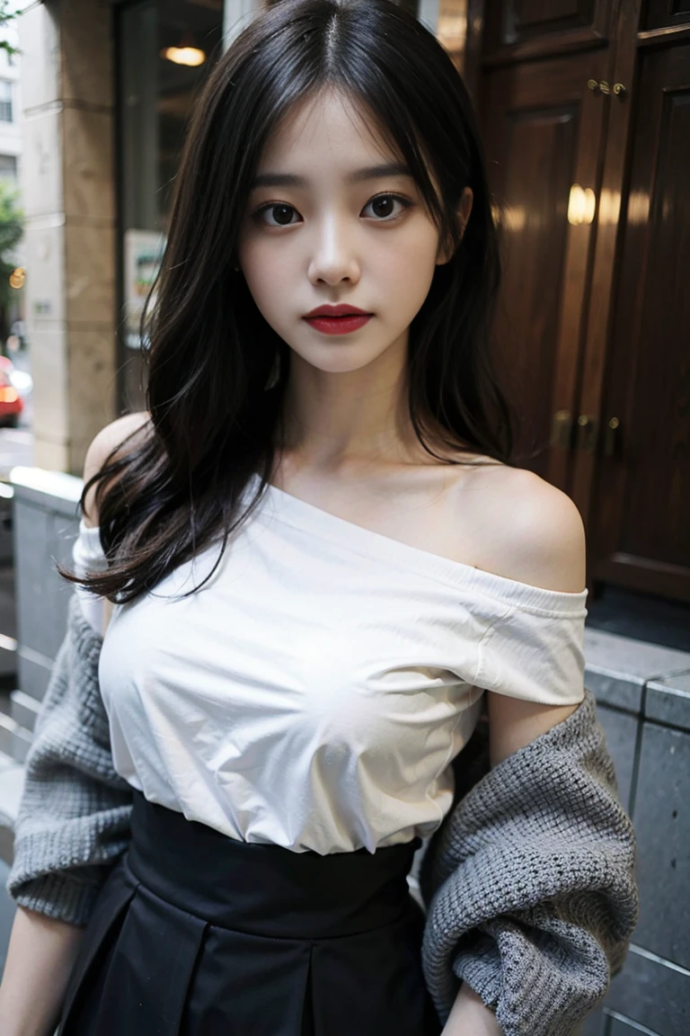 yuyao,Best quality,超高分辨率,(actual:1.4),1 girl,Off-shoulder white shirt,Black tight skirt,black hair gray:1),sexy,(big breast:1.2),looking at viewert,close up,