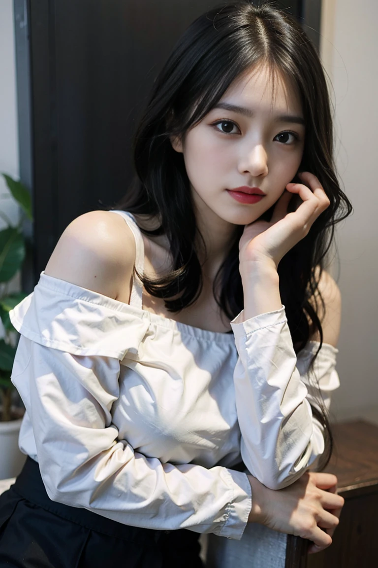 yuyao,Best quality,超高分辨率,(actual:1.4),1 girl,Off-shoulder white shirt,Black tight skirt,black hair gray:1),sexy,(big breast:1.2),looking at viewert,close up,