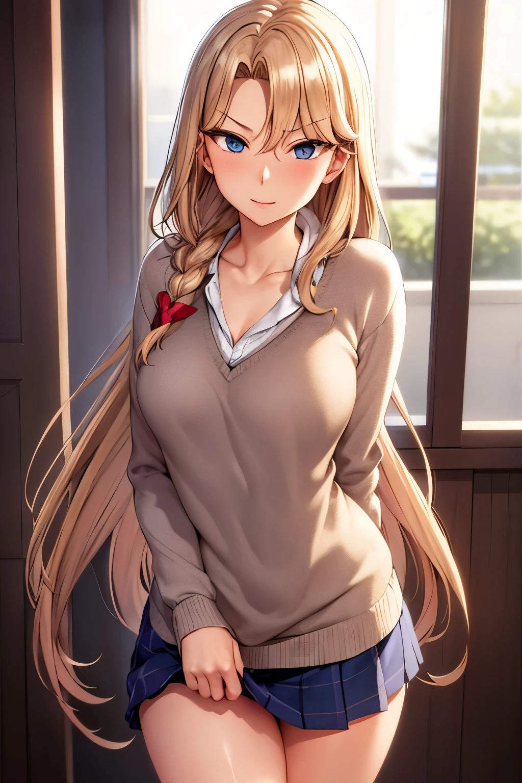 masutepiece, (Best Quality), 1womanl,1girl in ,reika_Classic,    Long hair, Brunette hair,   Blue eyes, braid, single braid, Hair intake, hair over shoulder, (maturefemale), Skirt, Sweaters, Cardigan,       house wife,     , blush vibrant colors ,,Natural lighting  ,nffsw, hair between eye , Beautiful, (Detailed face:1.2), showcase, (Perfect eyes:1.Phototriaritic:1.1), 8K UHD,  Looking at Viewer,  indoorround、(((tiny chest)))