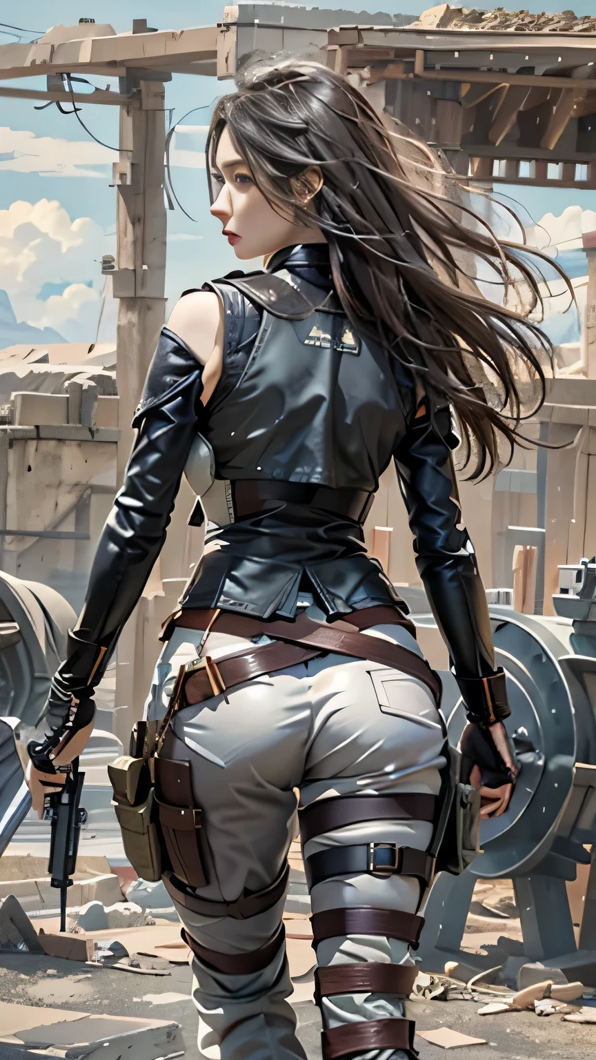 realisticlying, A high resolution, 1人の女性, Alone, hip-up, view the viewer, (详细的脸), long whitr hair, SWAT vests, jewely, medium chest circumference, battlefield outfit, Silver set, Bare belly and shoulders, Bare with thighs, building standing background, foot on foot,, standing back, Show her ass