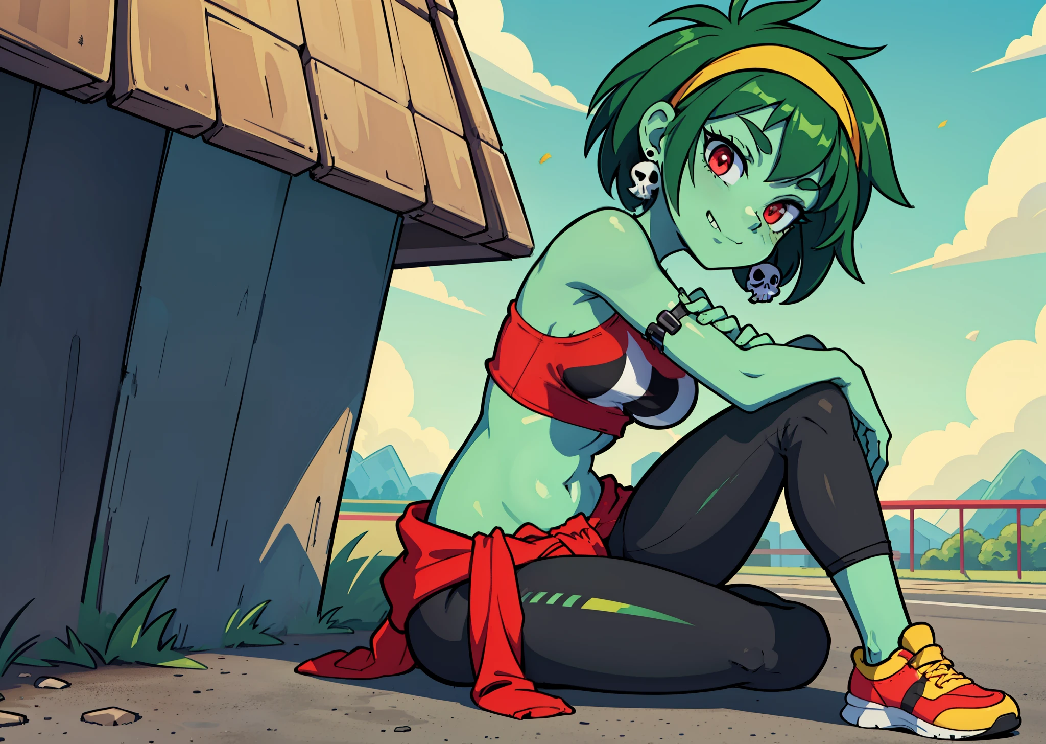 [rottytops], ((masterpiece)), ((HD)), ((highres)), ((detailed shading)), ((solo portrait)), ((full body)), ((front view)), ((feet visible)), ((anime)), ((beautiful render art)), ((intricate details)), {(slim body), green skin, short green hair, (cute red eyes), (short eyelashes), (beautiful legs), (smug grin)}, {(white and black checkered bandeau), (midriff), (black yoga pants), red sweatshirt tied around waist), (yellow sneakers), (yellow hairband), (skull earrings)}, {(Sitting on ground), (crossed legs), (legs spread open), (hands in lap), (looking at viewer)}, [background; (raceway), (race track), (road), (confetti), (blue sky), (sun rays), (ambient lighting)]