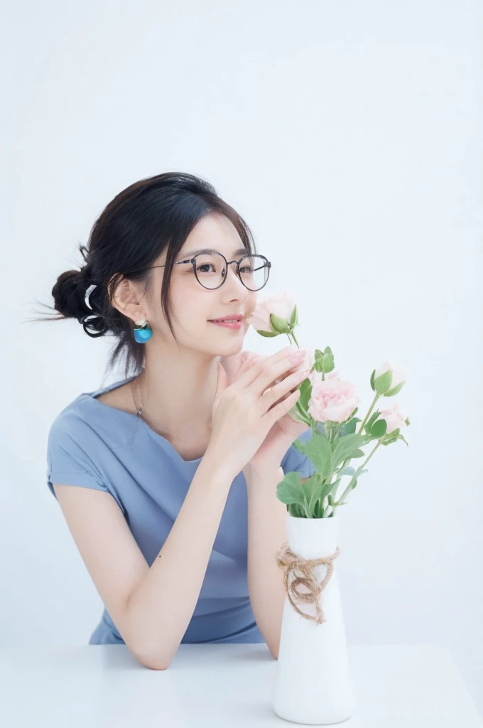 (On a table, Best quality at best, realistically, ultra - detailed, meticuloso, A high resolution, 8k wallpaper), Close-up portrait of a beautiful woman, Chariada, Smiling, light brown messy hair, Perfect dynamic composition, 美丽meticuloso的眼睛, Just like the cover of a fashion magazine, On campus
