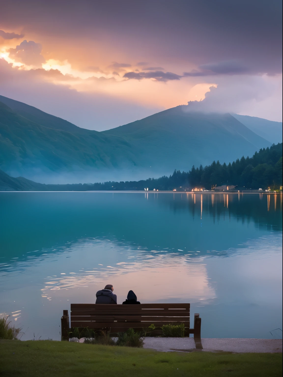 The image depicts a serene, moonlit night by the lake. In the foreground, a couple sits on the grassy shore, their backs to the viewer. They are both gazing out at the water, where a wooden ship burns in the distance. The flames cast an eerie orange glow on the surface of the lake, and the smoke rises up into the starry sky. The couple appears to be lost in thought, perhaps reflecting on the fragility of life and the fleeting nature of time. The man has his arm around the woman, and they sit close together, as if seeking comfort in each other's presence. The scene is both beautiful and haunting, a reminder of the power of nature and the impermanence of all things. As the couple watches the ship burn, they are filled with a sense of wonder and awe, and perhaps even a touch of sadness. The viewer is left with a feeling of introspection, as if they too are sitting by the lake, contemplating the mysteries of the universe.