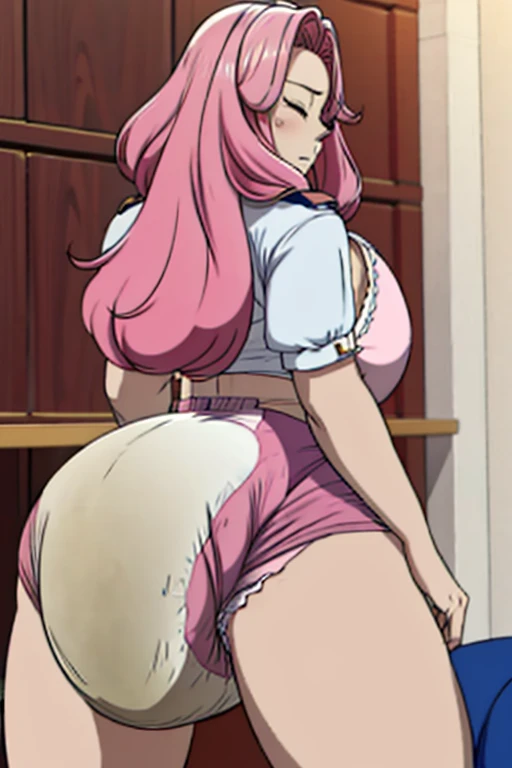 Anime woman enormous bloated expanding saggy diaper, huge breast, gigantic butt, eyes closed, long pink hair, groping butt, diaper sagging and full to max