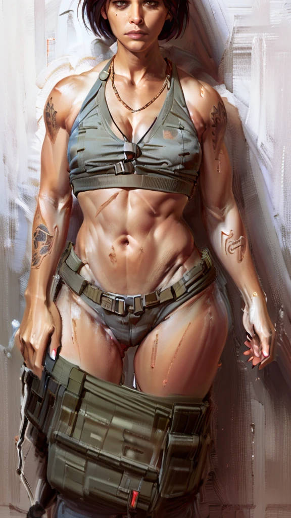 ((Best quality)), ((masterpiece)), (highly detailed:1.3), 3D, arcane style,HDR (High Dynamic Range),Ray Tracing,NVIDIA RTX,Super-Resolution,Unreal 5,Subsurface scattering,PBR Texturing,Post-processing,Anisotropic Filtering,Depth-of-field,Maximum clarity and sharpness,Multi-layered textures,Albedo and Specular maps,Surface shading,Accurate simulation of light-material interaction,Perfect proportions,Octane Render,Two-tone lighting,Low ISO,White balance,Rule of thirds,Wide aperature,8K RAW,Efficient Sub-Pixel,sub-pixel convolution,luminescent particles, tan latina military woman, short black hair, intimidating, grey tanktop, tattoos, khaki pants