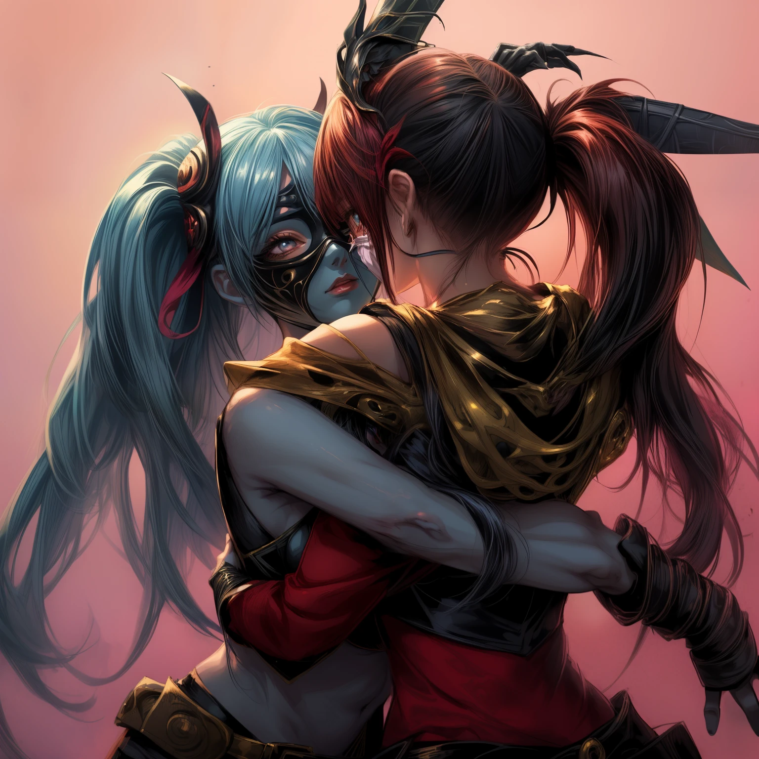 2girls, half body shot,(hug from behind:1.5) (back:0.2)a fantasy anime promiscuous human girl 20 years old short hair in half plate, behind her a girl in a mask with beautiful eyes, grappled from behind by girl in mask, masked girl touching body, masked girl with arms and legs around fantasy girl