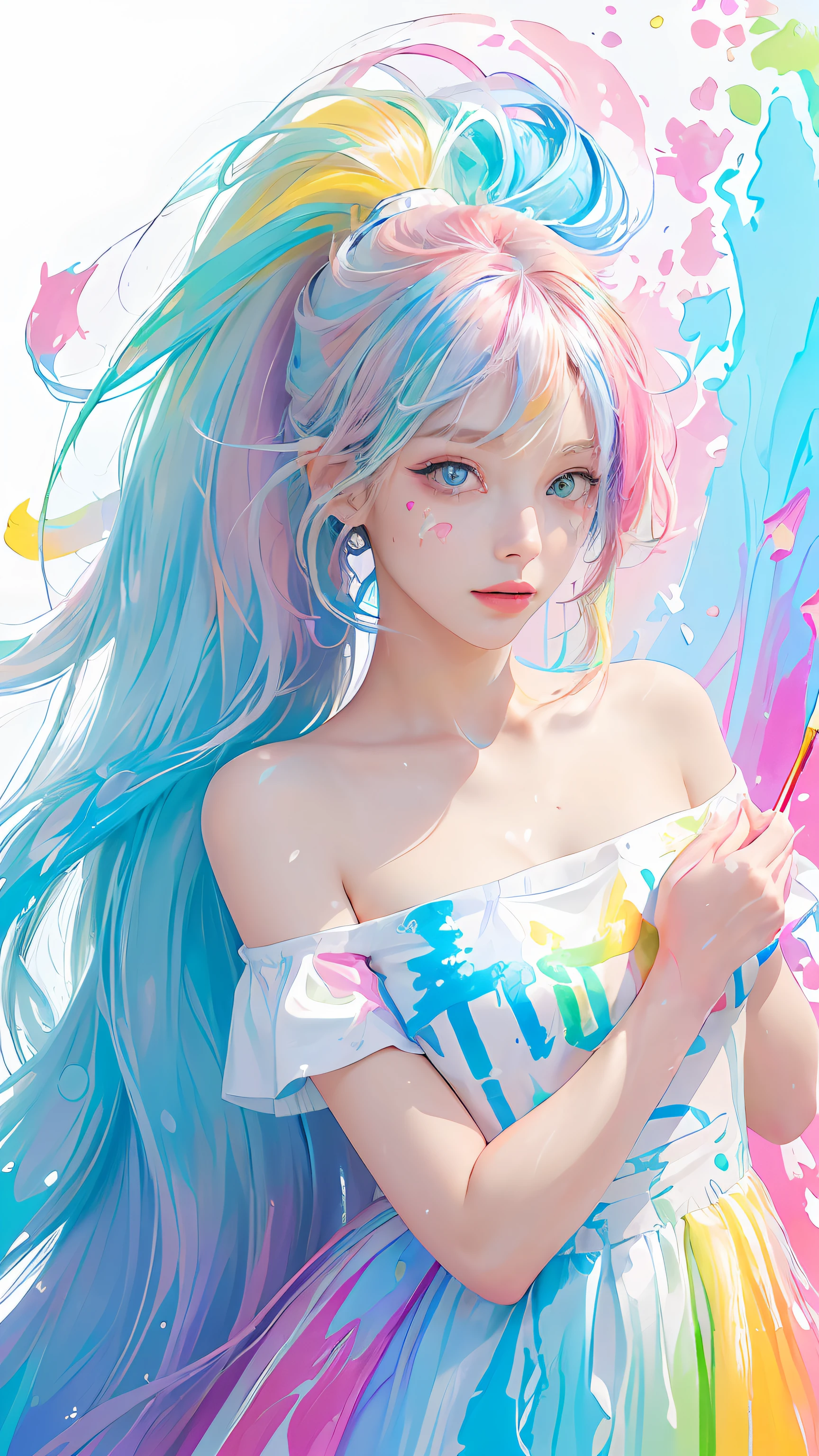 (Pink Fashion T-shirt:1.9),(Colorful hair: 1.8), (all the colours of the rainbow: 1.8),(((((vertical painting:1.6))), (painting:1.6),front, comics, illustrations, paintings, large eyes, crystal clear eyes,( rainbow color gradient high ponytail:1.7), exquisite makeup, closed mouth,(Small Fresh: 1.5),(Wipe Chest: 1.6) ,long eyelashes, white off shoulder T-shirt, White Shoulder Shirt,looking at the audience, large watery eyes, (rainbow colored hair:1.6), color splash, (solo:1.8), color splash, color explosion, thick paint style, messy lines, ((shining)),(colorful), (colorful), (colorful), colorful, Thick Paint Style, (Splash) (Color Splash), Vertical Painting, Upper Body, Paint Splash, Acrylic Pigment, Gradient, Paint, Highest Image Quality, Highest Quality, Masterpiece, Solo, Depth of Field, Face Paint, colorful clothes, (Elegant: 1.2), gorgeous,long hair, wind, (Elegant: 1.etals: 1.4),(((masterpiece))),(((best quality))),((ultra-detailed)),(illustration),(dynamic angle),((floating)),(paint),((disheveled hair)),(solo),(1girl) , (((detailed anima face))),((beautiful detailed face)),collar,bare shoulders,white hair, ((colorful hair)),((streaked hair)),beautiful detailed eyes,(Gradient color eyes),(((colorful eyes))),(((colorful background))),(((high saturation))),(((surrounded by colorful splashes))),