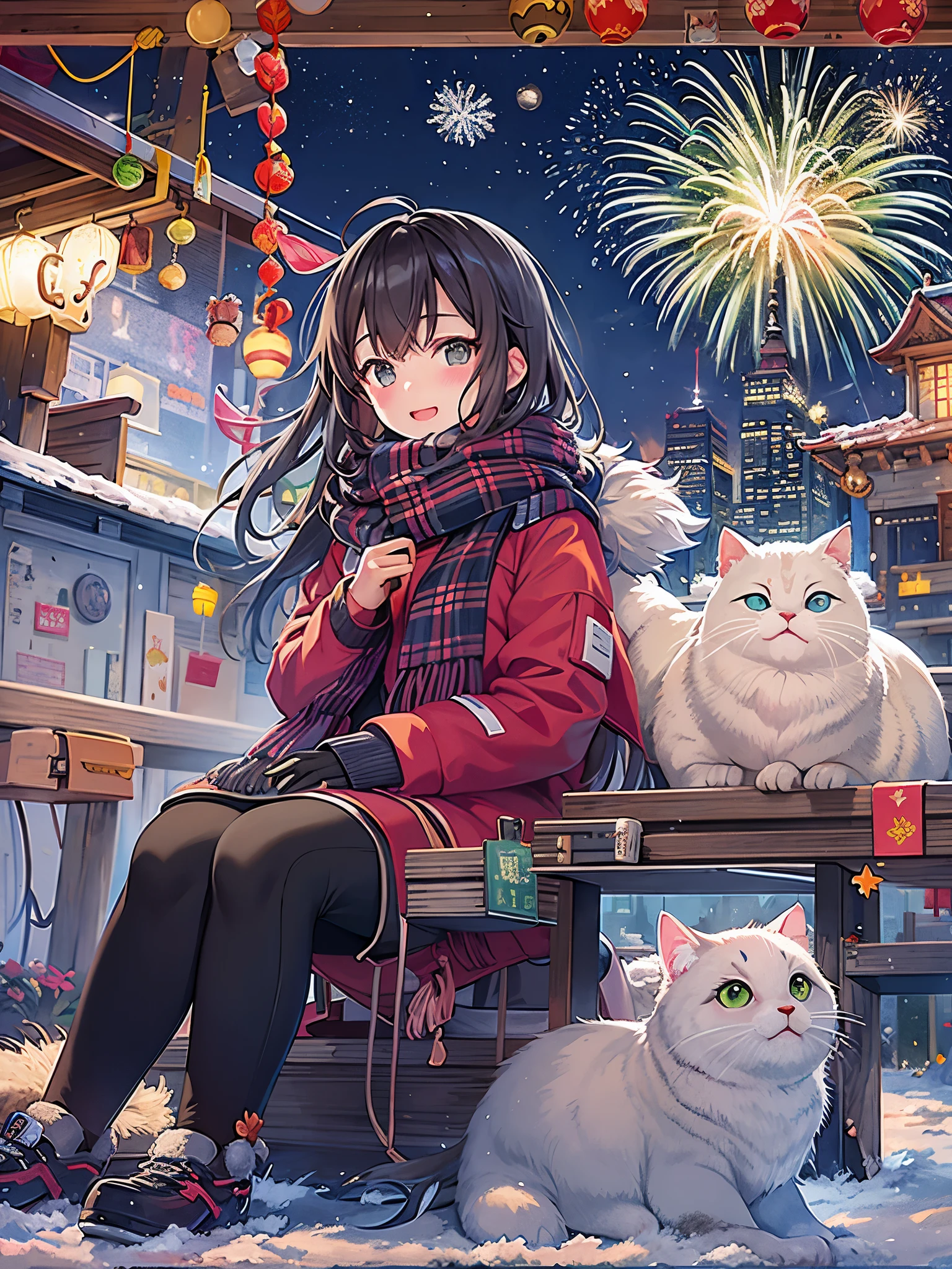 at winter season，1 cat wearing a scarf，1 girl wearing down jacket，standing behind a wall，with his back to the viewer，在夜空中看fire works, The night sky is filled with fireworks, Background image, City night view in the background, fire works在背景中, illustratio, Warm and joyful atmosphere, illustration, New Year’s Day, 下雪的at winter season圣诞夜, 可爱illustratio, background artwork, 风格化数字illustratio, girl sitting on a rooftop, fire works