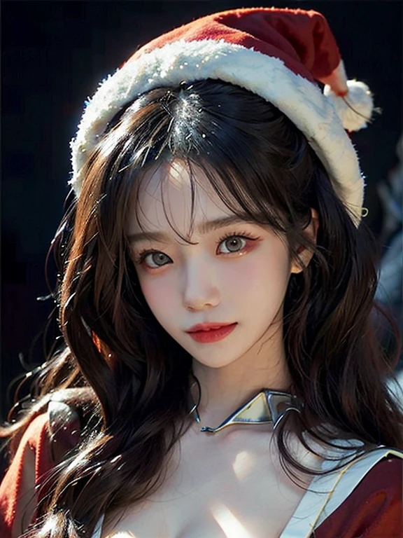 (A hyper-realistic),  (hight resolution),  (8K),  (ighly detailed),  (beatiful detailed eyes),  (top-quality),  (ultra-detailliert),  (​masterpiece),  (A detailed face), face focus, soft focus,  beautiful woman , solo, large cleavage, Japanese, snowscape, ((Wearing a sexy santa outfit)), Wearing a Santa hat, (like a fairy), (fits perfectly in her Santa hat), snowing, (starry tornado:1.4),  starry Nebula,  ((frills)),  beautiful detailed sky,  beautiful detailed eyes,  Gentle smile, 20 years old perfect,1 girl,