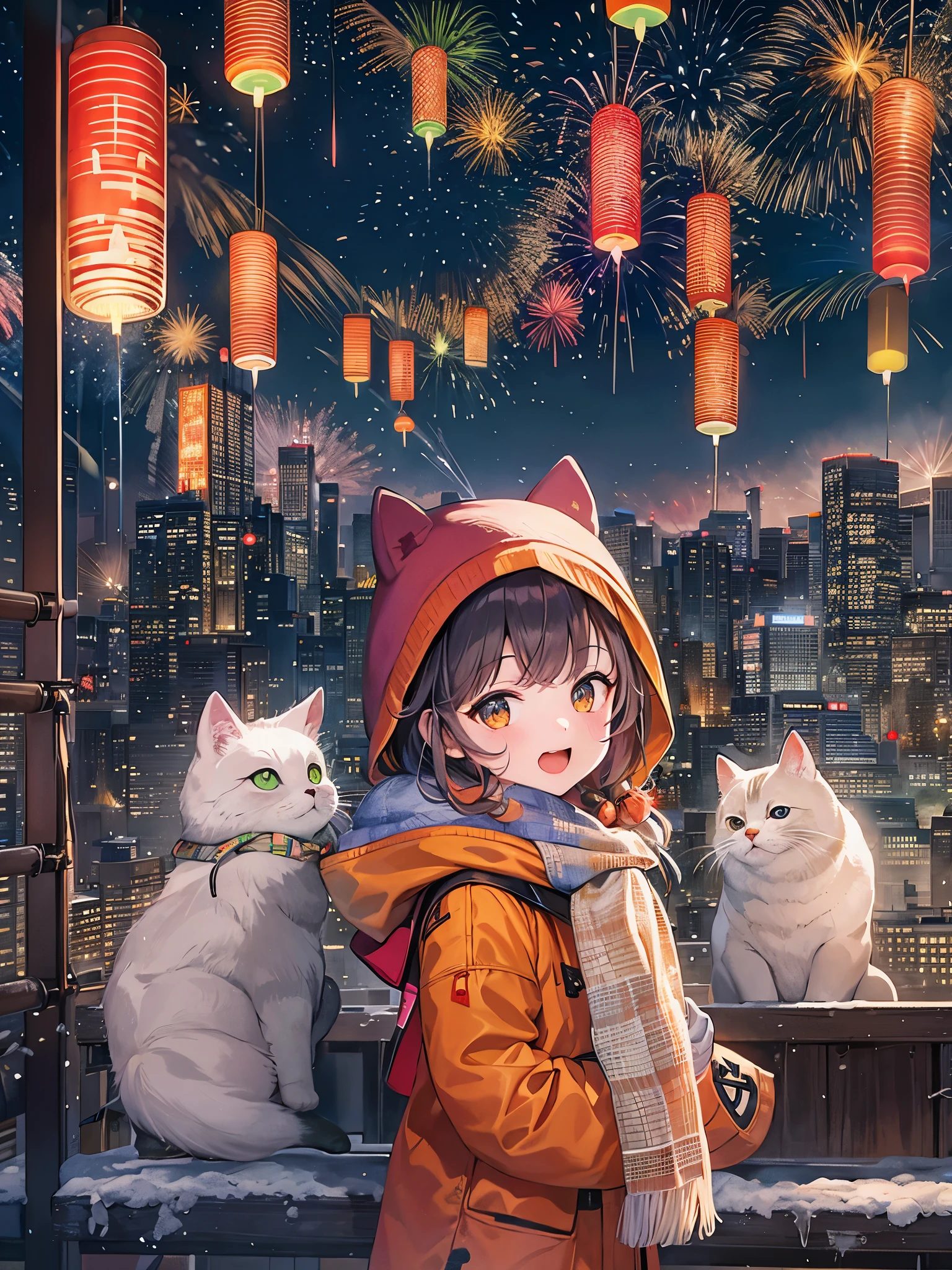 at winter season，1 girl wearing down jacket，standing behind a wall，with his back to the viewer，在夜空中看fire works, The night sky is filled with fireworks, Background image, City night view in the background, fire works在背景中, illustratio, Warm and joyful atmosphere, illustration, New Year’s Day, 下雪的at winter season圣诞夜, 可爱illustratio, background artwork, 风格化数字illustratio, 1 cute cat sitting on the wall，Wear a scarf, fire works