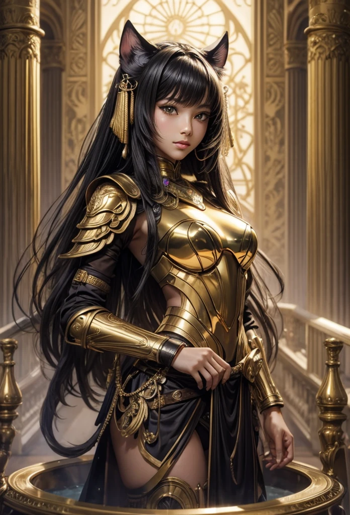 (Detailed illustrations,Very detailed and detailed drawing,Delicate lines with slow and rapid,Realistic texture expression),[Color tressed main line],[ruins background [Ancient Egypt]],HENTAI (ANIME Girl (Beautiful fece) sixteen years old) cyborgs [(skin tanned) [Lustrous black hair]],((Bastet) Beautifully decorated golden cyber armor) ([Complex decorative processing] [elegent],Gorgeous golden luster (Polished reflective luster)) [Gorgeous and luxurious],gravure,[Oparts Lost Technology [Hierograph]],(複雑でBeautiful fece装飾 [Dense detail]),(きめ細やかでBeautiful fece肌表現 [Transparency]),[完璧な目のdetaileds (Iris beautifully drawn in every detail)[Jewel-like eyes]],[長くてBeautiful fece睫毛],[Meticulously drawn hair [美しく艷やかな髪のdetaileds]],(完璧な手のdetaileds [破綻のないBeautiful fece指 [Beautiful nails]]),(Perfect Anatomy(Perfectly proportioned))[[Full body like]],[[Design built to the highest level]][Ideal color coordination(Accurate simulation of light-material interactions)],([Precision Detail](detaileds,high-detail)),[Visual art that conveys a sense of narrative].