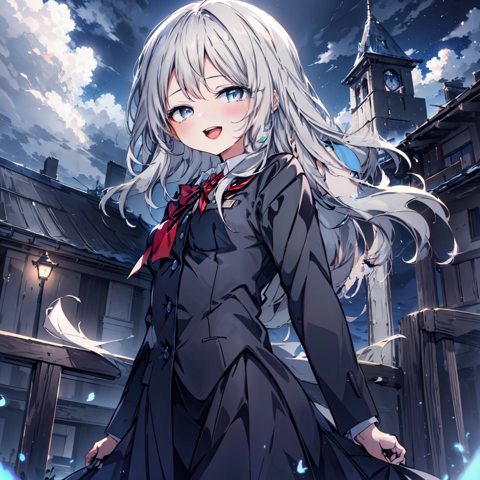 (1girl, solo), HotaruHiraiwaR4, grey hair, grey eyes, long hair, very long hair, (small breast:1.2), (school uniform,) looking at viewer, happy smile, laugh, open mouth, seductive pose, standing, fighting, fly, magic, dark, night, outdoors, sky, cloud, (masterpiece:1.2), best quality, high resolution, unity 8k wallpaper, (illustration:1.5), anime style, (beautiful detailed eyes:1.6), extremely detailed face, perfect lighting, extremely detailed CG, (perfect hands, perfect anatomy), (dynamic pose, dynamic angle:1.1),