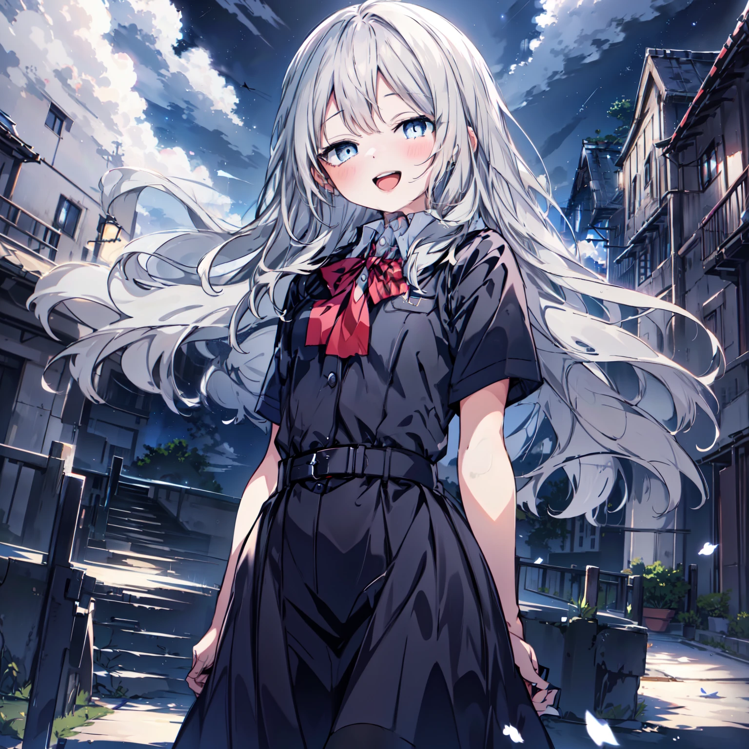 (1girl, solo), HotaruHiraiwaR4, grey hair, grey eyes, long hair, very long hair, (small breast:1.2), (school uniform,) looking at viewer, happy smile, laugh, open mouth, seductive pose, standing, fighting, fly, magic, dark, night, outdoors, sky, cloud, (masterpiece:1.2), best quality, high resolution, unity 8k wallpaper, (illustration:1.5), anime style, (beautiful detailed eyes:1.6), extremely detailed face, perfect lighting, extremely detailed CG, (perfect hands, perfect anatomy), (dynamic pose, dynamic angle:1.1),