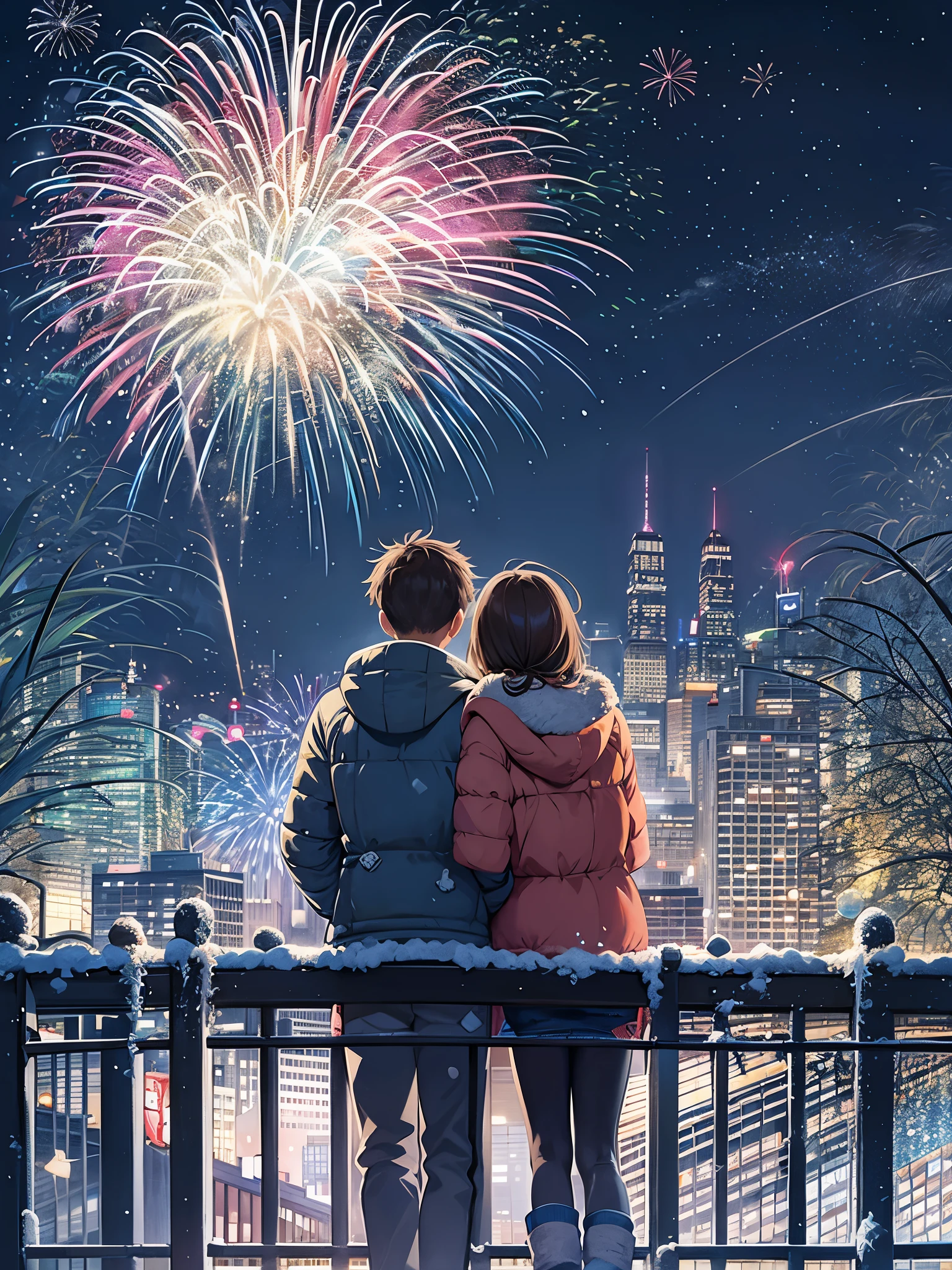 at winter season，(A cute couple, wearing down jackets, cuddling together, standing behind the wall, with their backs to the audience)，Watch fireworks in the night sky, The night sky is filled with fireworks, (skyscrapper，City night view in the background, Fireworks in the background), illustratio, Warm and joyful atmosphere, illustration, New Year’s Day, 下雪的at winter season新年夜, 可爱illustratio, background artwork, 风格化数字illustratio