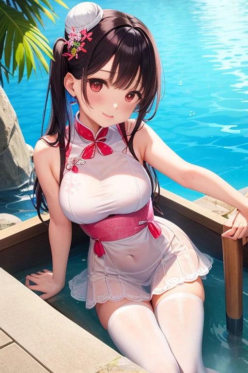 ultra - detailed，tmasterpiece，Best quality，love letter，see through blush，Yazawa Nico,red eyes, Blunt hair, 1female、white  clothes、White cheongsam，Ancient style China、White bun hairstyle， black hair color hair、chubbiness、ssmile、White suspender tights、lace slap、Pale pink lips、Spring water，hot onsen，Pose in the water，playing water，drenched all over the body，Pink，secretly underwater，Put your hands on，，face flushed，Confused eyes，Lie flat，Visible nipple、A、ｊ，