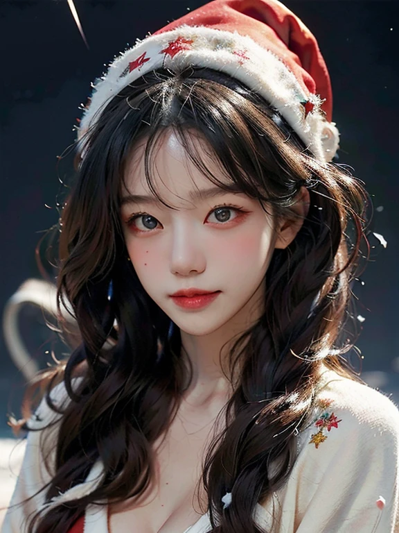 (A hyper-realistic),  (hight resolution),  (8K),  (ighly detailed),  (beatiful detailed eyes),  (top-quality),  (ultra-detailliert),  (​masterpiece),  (A detailed face), face focus, soft focus,  beautiful woman , solo, large cleavage, Japanese, snowscape, ((Wearing a sexy santa outfit)), Wearing a Santa hat, (like a fairy), (fits perfectly in her Santa hat), snowing, (starry tornado:1.4),  starry Nebula,  ((frills)),  beautiful detailed sky,  beautiful detailed eyes,  Gentle smile, 20 years old perfect,1 girl,