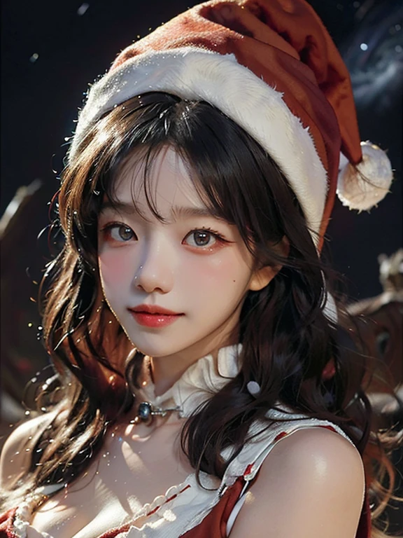 (A hyper-realistic),  (hight resolution),  (8K),  (ighly detailed),  (beatiful detailed eyes),  (top-quality),  (ultra-detailliert),  (​masterpiece),  (A detailed face), face focus, soft focus,  beautiful woman , solo, large cleavage, Japanese, snowscape, ((Wearing a sexy santa outfit)), Wearing a Santa hat, (like a fairy), (fits perfectly in her Santa hat), snowing, (starry tornado:1.4),  starry Nebula,  ((frills)),  beautiful detailed sky,  beautiful detailed eyes,  Gentle smile, 20 years old perfect,1 girl,