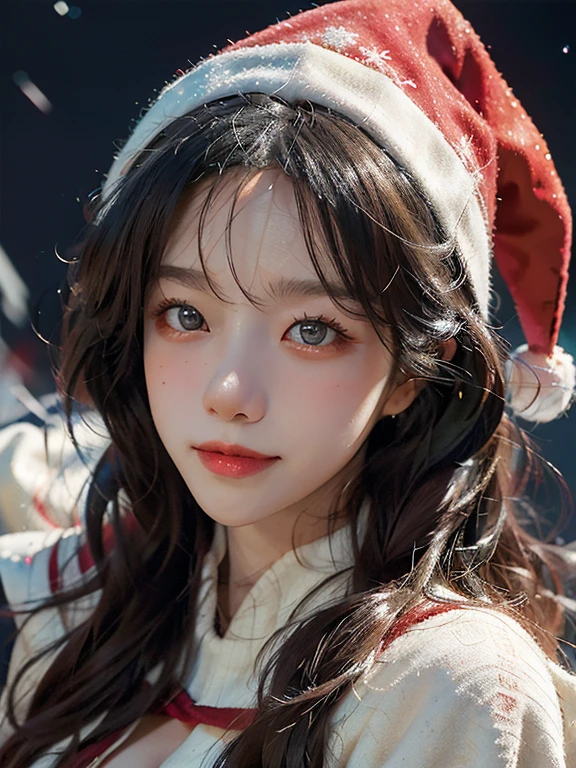 (A hyper-realistic),  (hight resolution),  (8K),  (ighly detailed),  (beatiful detailed eyes),  (top-quality),  (ultra-detailliert),  (​masterpiece),  (A detailed face), face focus, soft focus,  beautiful woman , solo, large cleavage, Japanese, snowscape, ((Wearing a sexy santa outfit)), Wearing a Santa hat, (like a fairy), (fits perfectly in her Santa hat), snowing, (starry tornado:1.4),  starry Nebula,  ((frills)),  beautiful detailed sky,  beautiful detailed eyes,  Gentle smile, 20 years old perfect,1 girl,