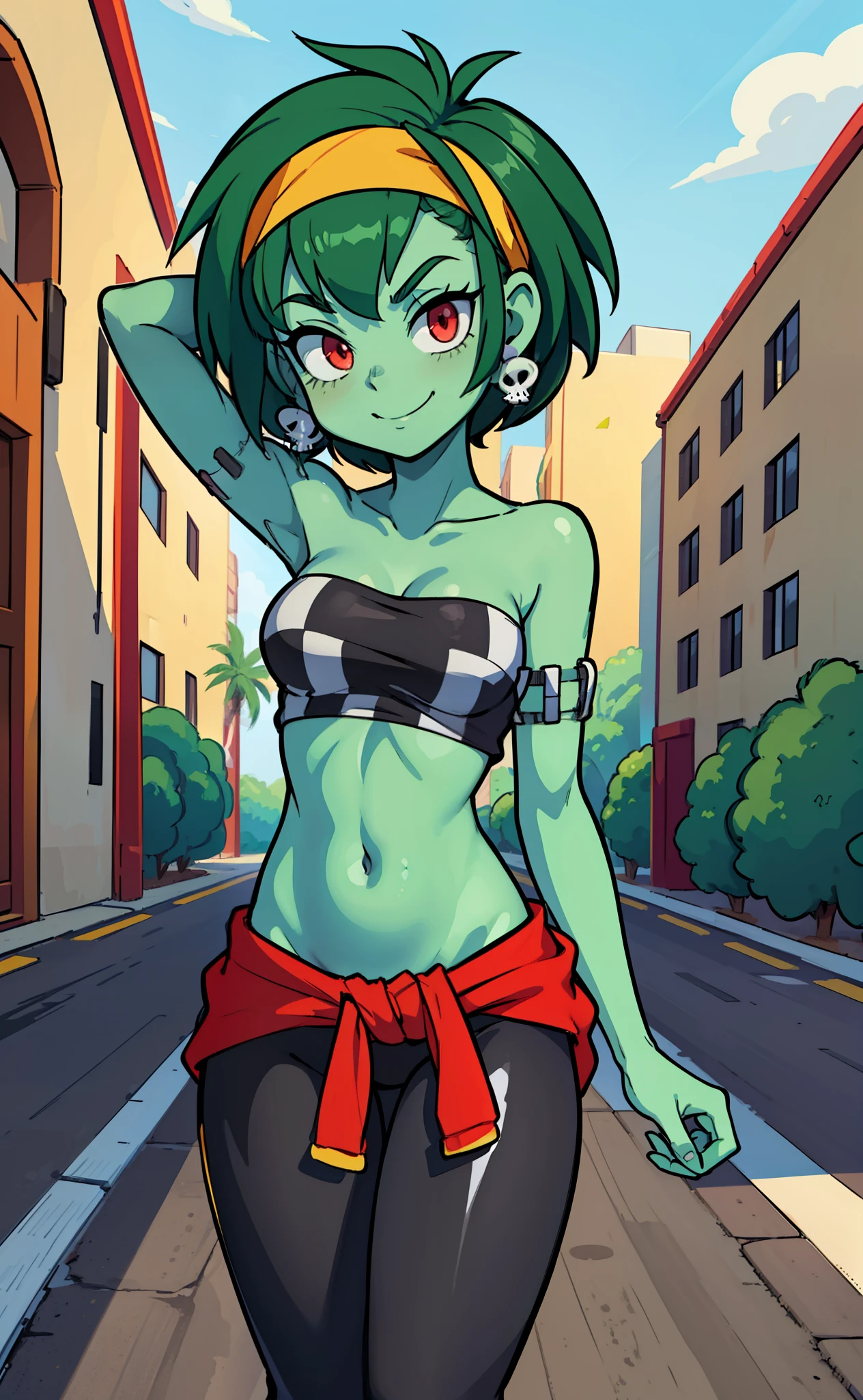 [rottytops], ((masterpiece)), ((HD)), ((highres)), ((detailed shading)), ((solo portrait)), ((waist up)), ((front view)), ((feet visible)), ((anime)), ((beautiful render art)), ((intricate details)), {(slim body), green skin, short green hair, (cute red eyes), (short eyelashes), (beautiful legs), (smug grin)}, {(white and black checkered bandeau), (midriff), (black yoga pants), (red sweatshirt tied around waist), (yellow sneakers), (yellow hairband), (skull earrings)}, {(Standing), (hands in hair), (looking at viewer)}, [background; (raceway), (race track), (road), (confetti), (blue sky), (sun rays), (ambient lighting)]