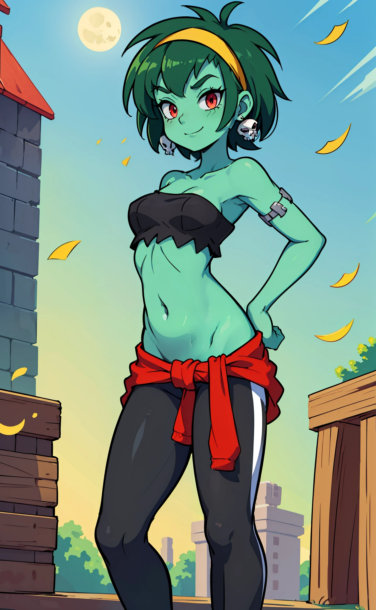 [rottytops], ((masterpiece)), ((HD)), ((highres)), ((detailed shading)), ((solo portrait)), ((waist up)), ((front view)), ((feet visible)), ((anime)), ((beautiful render art)), ((intricate details)), {(slim body), green skin, short green hair, (cute red eyes), (short eyelashes), (beautiful legs), (smug grin)}, {(white and black checkered bandeau), (midriff), (black yoga pants), (red sweatshirt tied around waist), (yellow sneakers), (yellow hairband), (skull earrings)}, {(Standing), (hands in hair), (looking at viewer)}, [background; (raceway), (race track), (road), (confetti), (blue sky), (sun rays), (ambient lighting)]