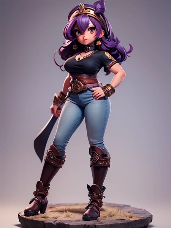 Hermosa Venus de cabello morado ondulado cuerpo firme senos perfectos gabardina camiseta blanca jeans negros botas con catana samurai en su mano