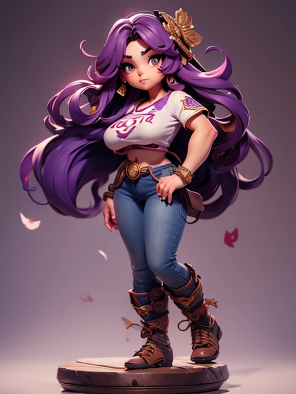 Hermosa Venus de cabello morado ondulado cuerpo firme senos perfectos gabardina camiseta blanca jeans negros botas con catana samurai en su mano