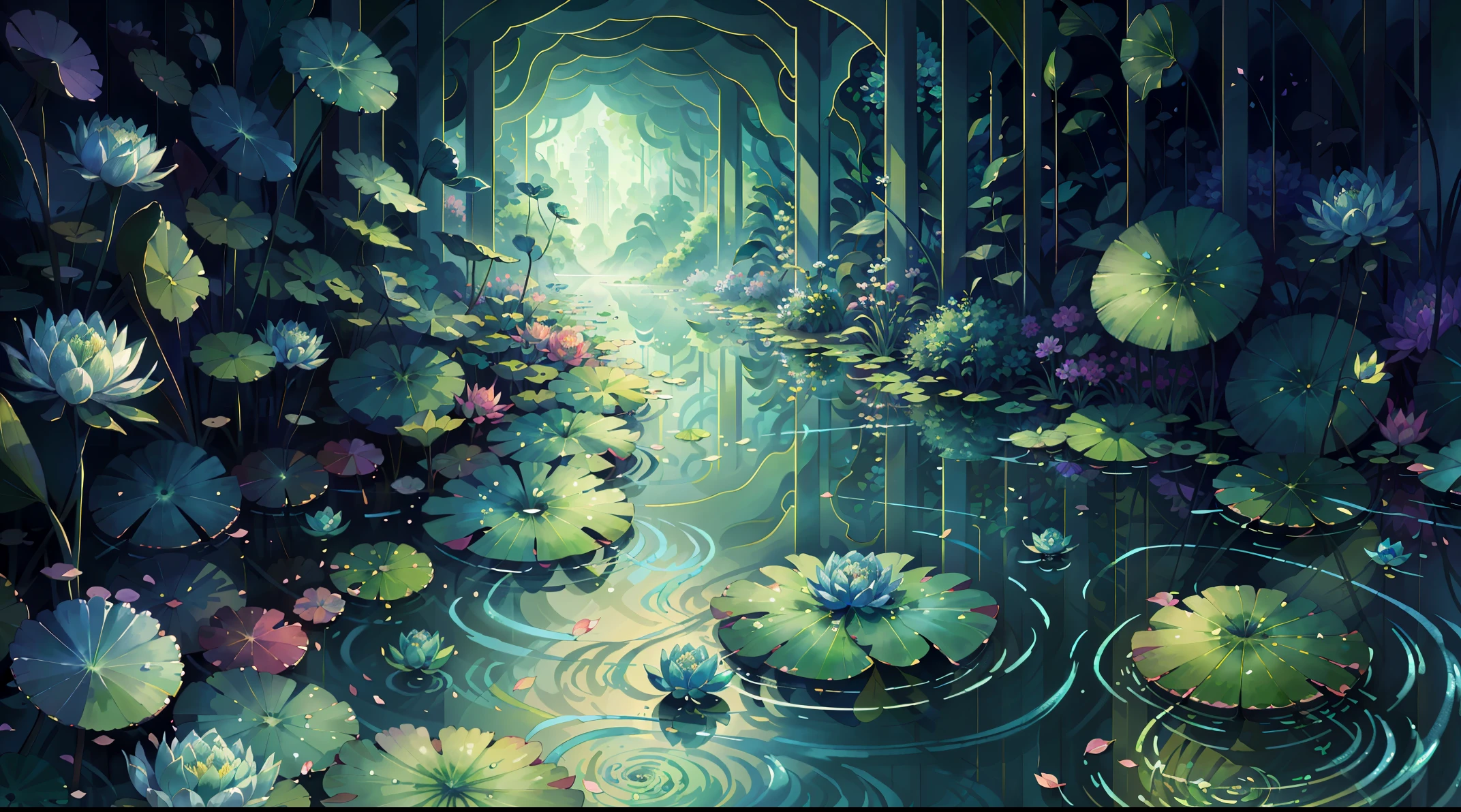 Original,(illustratio:1.1),(best qualtiy),(tmasterpiece:1.1),(the Extremely Detailed CG Unity 8K Wallpapers),(a color:1.2),water lilies,Water lily petals,scenecy,rios|Wagas, a cute frog