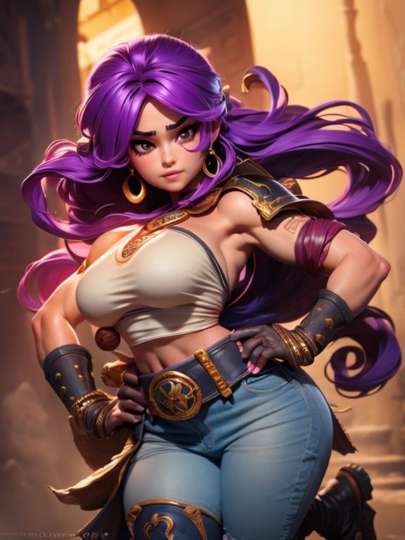 Hermosa Venus de cabello morado ondulado cuerpo firme senos perfectos gabardina camiseta blanca jeans negros botas con catana samurai en su mano