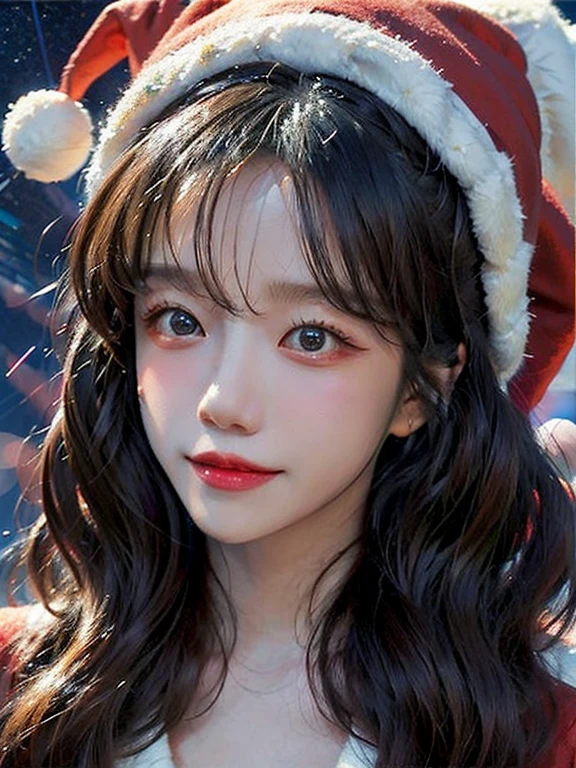 (A hyper-realistic),  (hight resolution),  (8K),  (ighly detailed),  (beatiful detailed eyes),  (top-quality),  (ultra-detailliert),  (​masterpiece),  (A detailed face), face focus, soft focus,  beautiful woman , solo, large cleavage, Japanese, snowscape, ((Wearing a sexy santa outfit)), Wearing a Santa hat, (like a fairy), (fits perfectly in her Santa hat), snowing, (starry tornado:1.4),  starry Nebula,  ((frills)),  beautiful detailed sky,  beautiful detailed eyes,  Gentle smile, 20 years old perfect,1 girl,