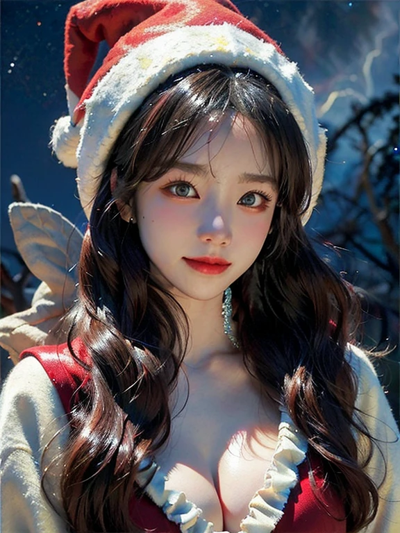 (A hyper-realistic),  (hight resolution),  (8K),  (ighly detailed),  (beatiful detailed eyes),  (top-quality),  (ultra-detailliert),  (​masterpiece),  (A detailed face), face focus, soft focus,  beautiful woman , solo, large cleavage, Japanese, snowscape, ((Wearing a sexy santa outfit)), Wearing a Santa hat, (like a fairy), (fits perfectly in her Santa hat), snowing, (starry tornado:1.4),  starry Nebula,  ((frills)),  beautiful detailed sky,  beautiful detailed eyes,  Gentle smile, 20 years old perfect,1 girl,
