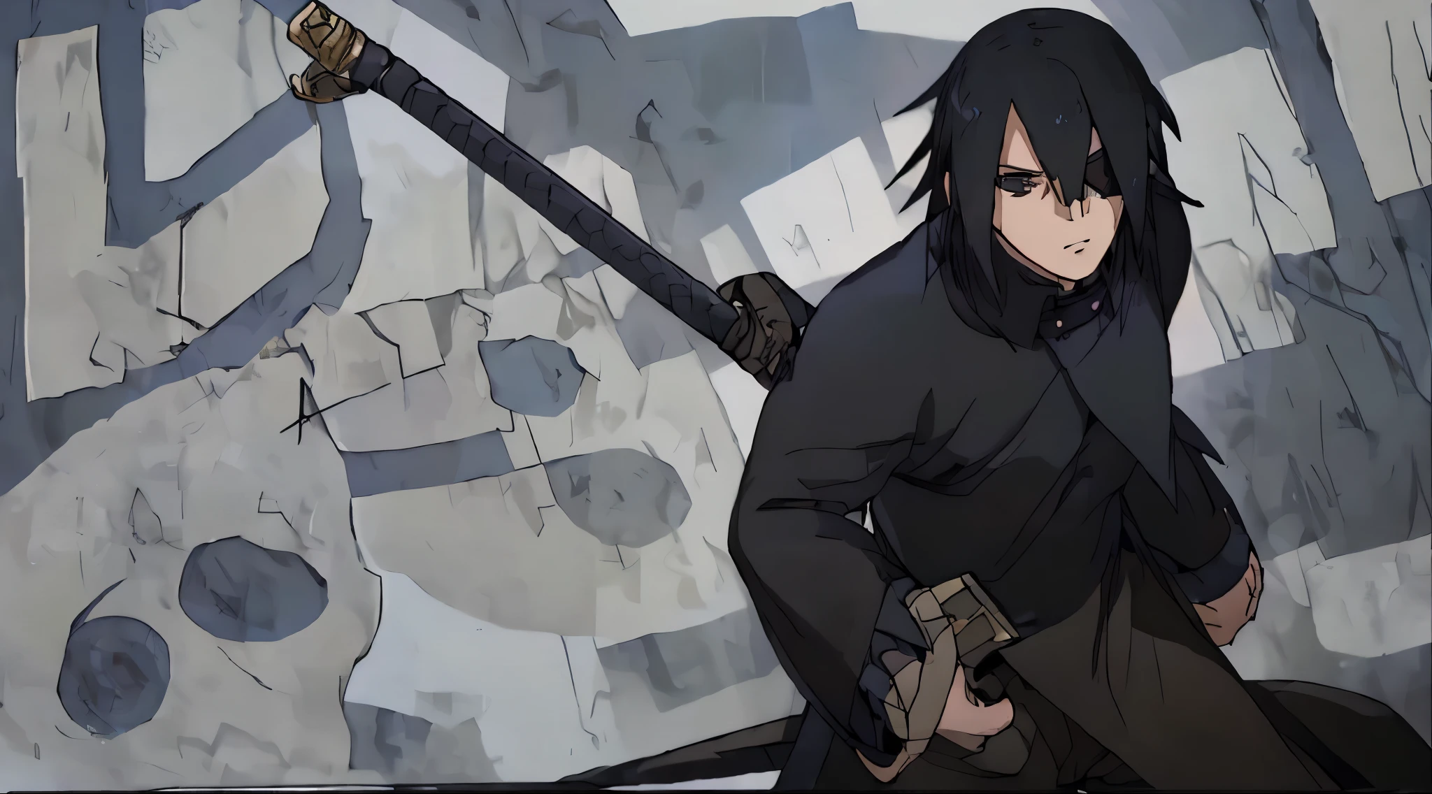 full body, black-haired character standing, he has an eye patch covering his left eye, black clothes, he has a sword