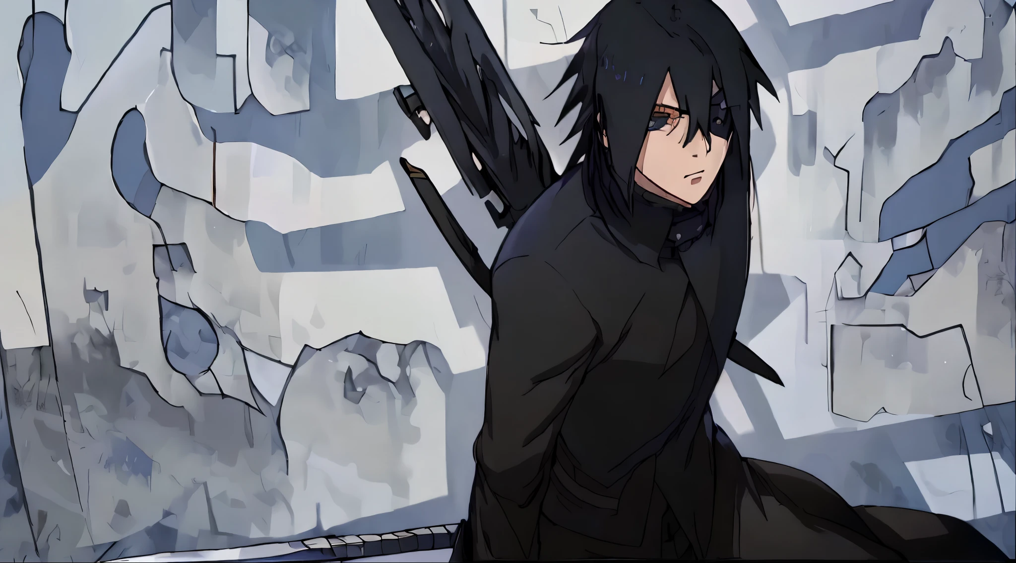 full body, black-haired character standing, he has an eye patch covering his left eye, black clothes, he has a sword