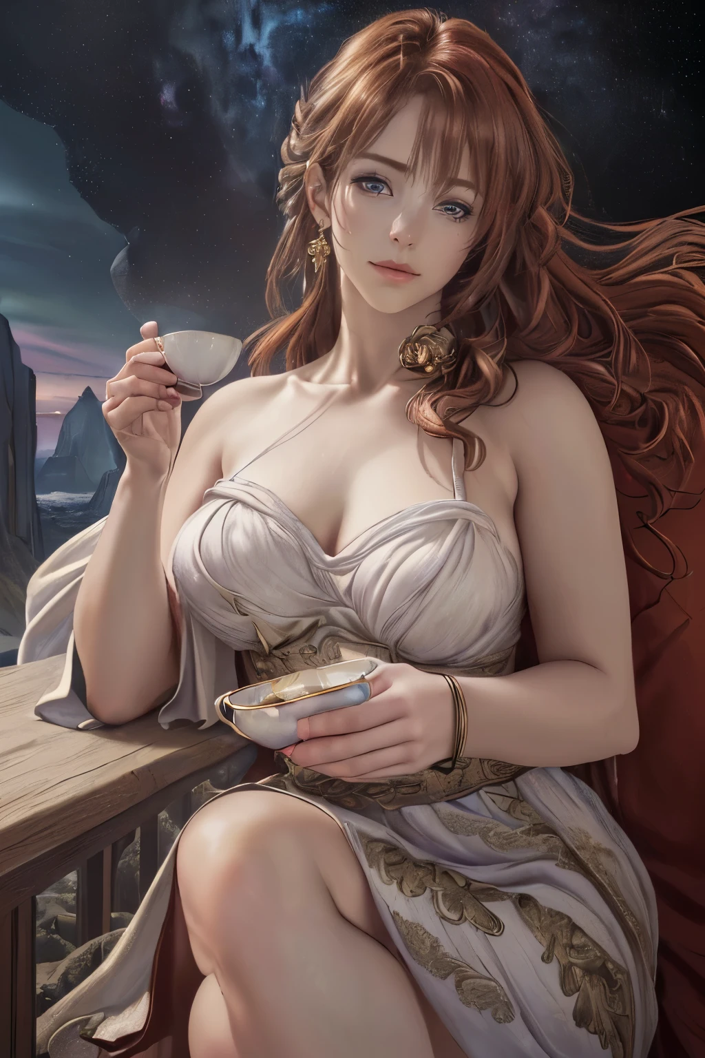 (best quality,4k,8k,highres,masterpiece:1.2),ultra-detailed,(realistic,photorealistic,photo-realistic:1.37),dramatic lighting,vivid colors,fantasy:1.2, oil painting-like:1.1, 1girl solo, drinking coffee, detailed scene, exquisite characters, dreamy atmosphere, enchanting landscape, spacial creatures,  planet in background