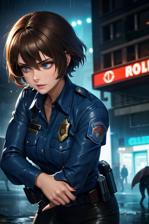 Beautiful woman with short brown hair blue eyes torn and torn dirty police uniform running terrified with 9mm pistol in her hand from zombie horde in neon city at night raining