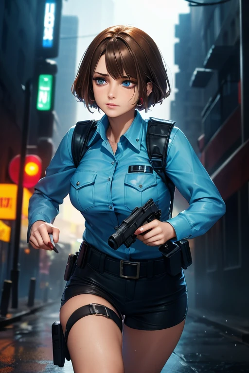 Beautiful woman with short brown hair blue eyes torn and torn dirty police uniform running terrified with 9mm pistol in her hand from zombie horde in neon city at night raining