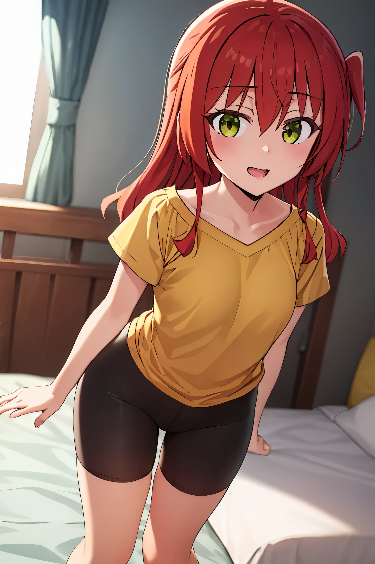 1 girl, best quality, ultra high res, long hair, red hair, green eyes, looking at viewers, small breast, standing, pov, slim body, loli body, small body, smile, open mouth, yellow shirt, short sleeves, bike shorts, bedroom, white bed sheets,