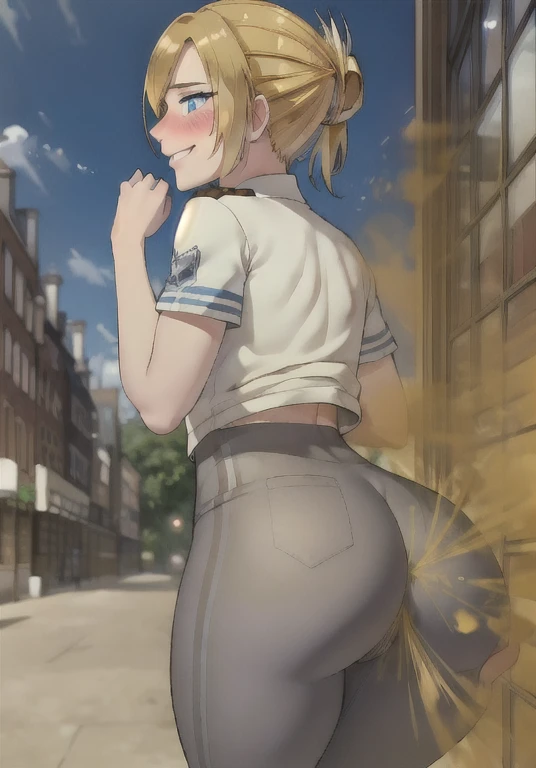 ((annie)),((velocity)),Attacked by farts, (((Women stand)),velocity, blue eyes,detailed eyes,), classic city streets)),((One Woman)),((girl wear a scout regiment outfit and gray legging),((A girl smells a fart and smiled shyly )),((fart while stand)),((blushing)),(masterpiece:1.2、top-quality)、(the Extremely Detailed CG Unity 8K Wallpapers、ultra-detailliert、Best Shadows)、(细致背景)、(The best lighting、extremely delicate and beautiful)、depth of fields、1girl in、独奏 ,Women,((((Girl is embarassed when she farting)))),(profile facing diagonally)))),((i'I closed my mouth with hand feel embarassed...)),(()),((embarassing look)),((massive fart))