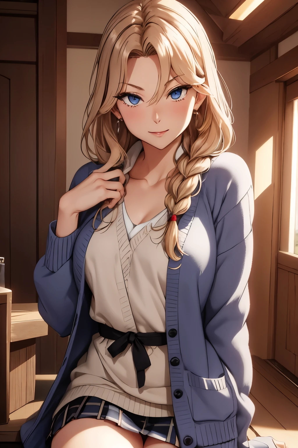 masutepiece, (Best Quality), 1womanl,1girl in ,reika_Classic, Long hair, Brunette hair, Blue eyes, braid, single braid, Hair intake, hair over shoulder, (maturefemale), Skirt, Sweaters, Cardigan, house wife, , blush vibrant colors ,,Natural lighting ,nffsw, hair between eye , Beautiful, (Detailed face:1.2), showcase, (Perfect eyes:1.Phototriaritic:1.1), 8K UHD, Looking at Viewer, indoorcircular、(((tiny chest)))