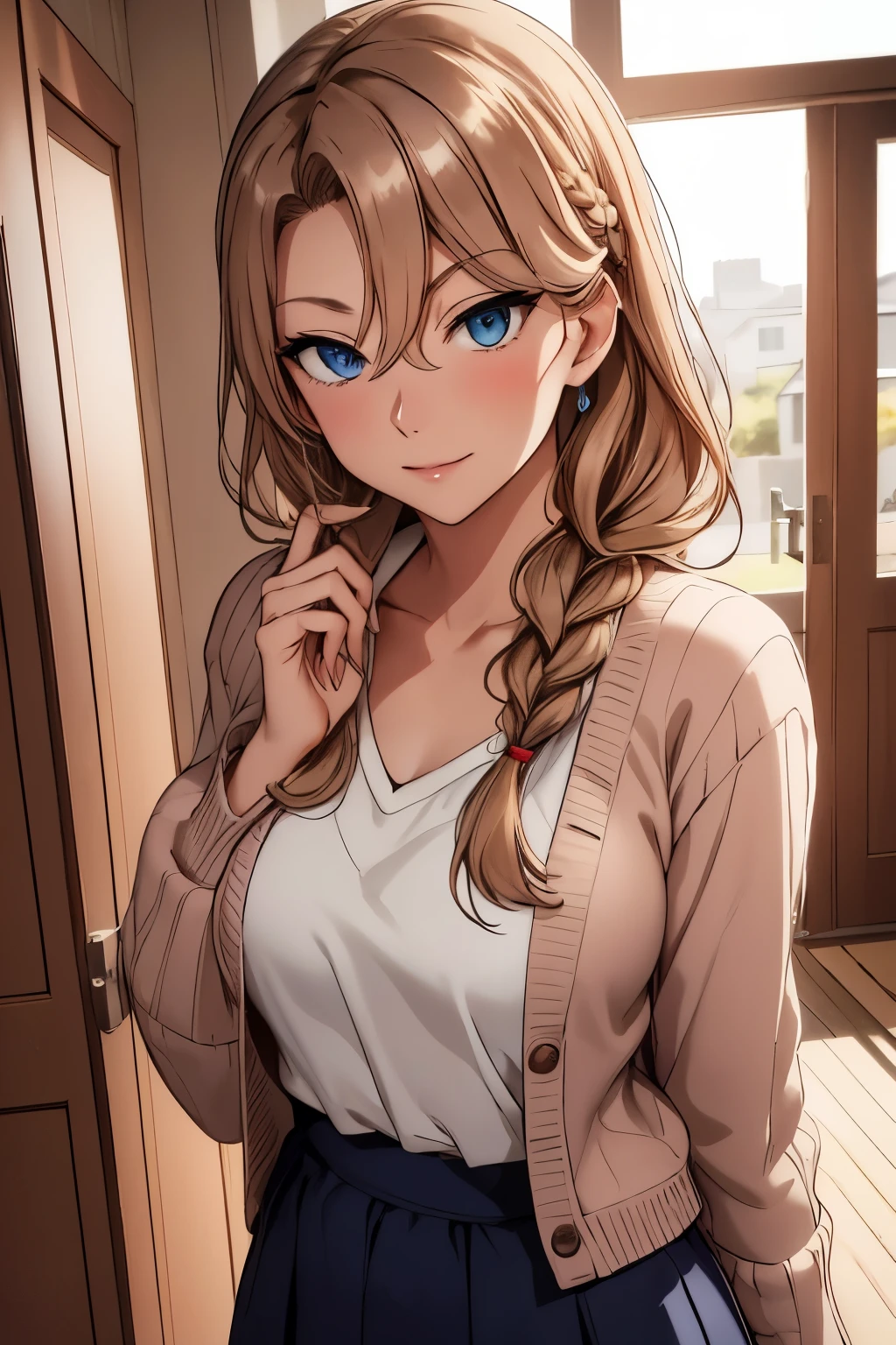 masutepiece, (Best Quality), 1womanl,1girl in ,reika_Classic,    Long hair, Brunette hair,   Blue eyes, braid, single braid, Hair intake, hair over shoulder, (maturefemale), Skirt, Sweaters, Cardigan,       house wife,     , blush vibrant colors ,,Natural lighting  ,nffsw, hair between eye , Beautiful, (Detailed face:1.2), showcase, (Perfect eyes:1.Phototriaritic:1.1), 8K UHD,  Looking at Viewer,  indoorcircular、(((tiny chest)))