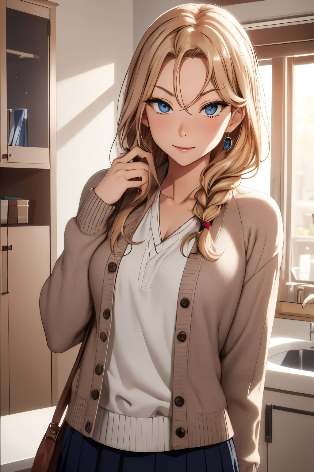 masutepiece, (Best Quality), 1womanl,1girl in ,reika_Classic, Long hair, Brunette hair, Blue eyes, braid, single braid, Hair intake, hair over shoulder, (maturefemale), Skirt, Sweaters, Cardigan, house wife, , blush vibrant colors ,,Natural lighting ,nffsw, hair between eye , Beautiful, (Detailed face:1.2), showcase, (Perfect eyes:1.Phototriaritic:1.1), 8K UHD, Looking at Viewer, indoorcircular、(((tiny chest)))