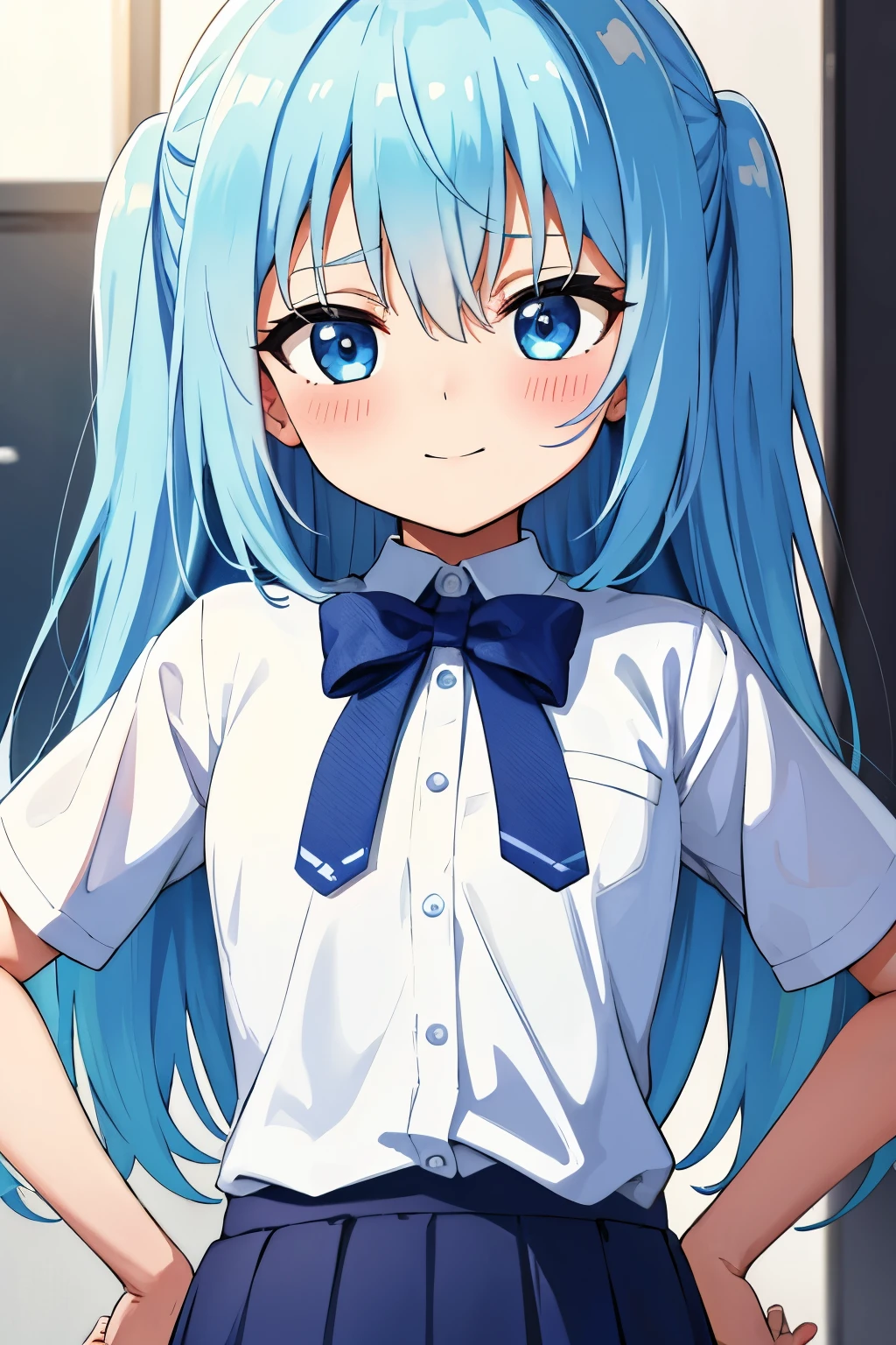 Winters.girl with.light Blue hair.long hair.student clothes.a junior high school student.short stature.a smile.Look at viewers.put hands on the hip.up chest.